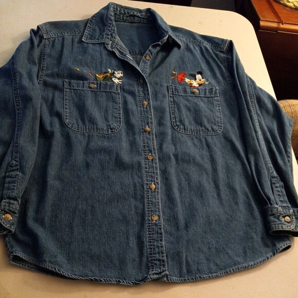 Goofy and Mickey Mouse Button Down Denim Disney Long Sleeve Shirt - Picture 1 of 9